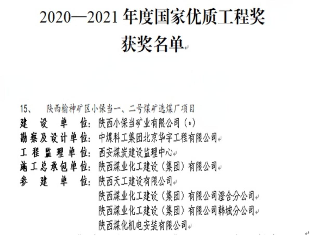 喜訊！陜煤建設(shè)一項(xiàng)工程斬獲國家優(yōu)質(zhì)工程獎(jiǎng)