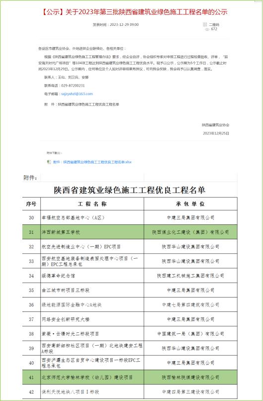 陜煤建設兩個項目喜獲“陜西省建筑業(yè)綠色施工優(yōu)良工程”稱號