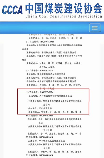 陜煤建設(shè)路橋分公司榮獲煤炭行業(yè)（部級(jí)）工程建設(shè)工法